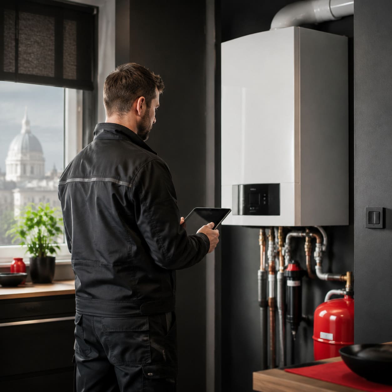 Installateur prüft eine Gastherme für den Kostenvoranschlag zum Thermentausch in Wien Installateur prüft eine Gastherme für den Kostenvoranschlag zum Thermentausch in Wien